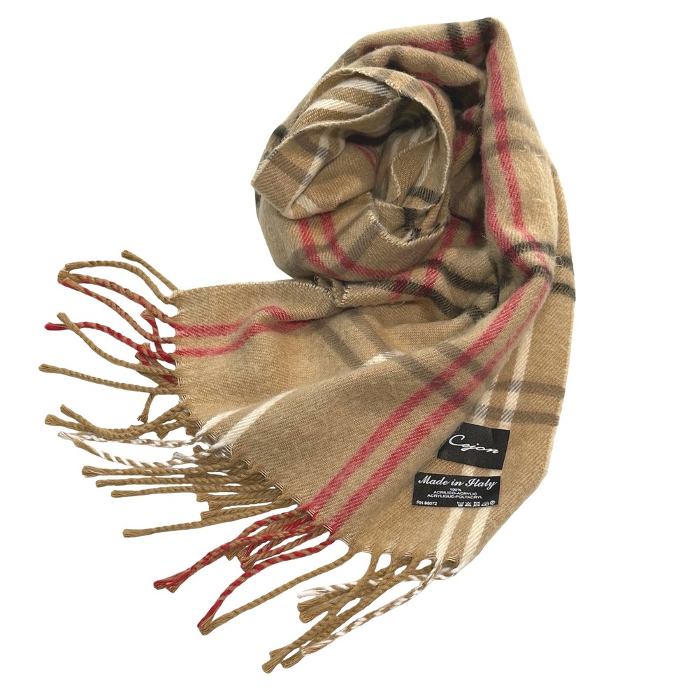 Cejon Italy Scarf Shawl Wrap Soft Beige‎ Red Plaid Acrylic Made in Italy 65"x11"